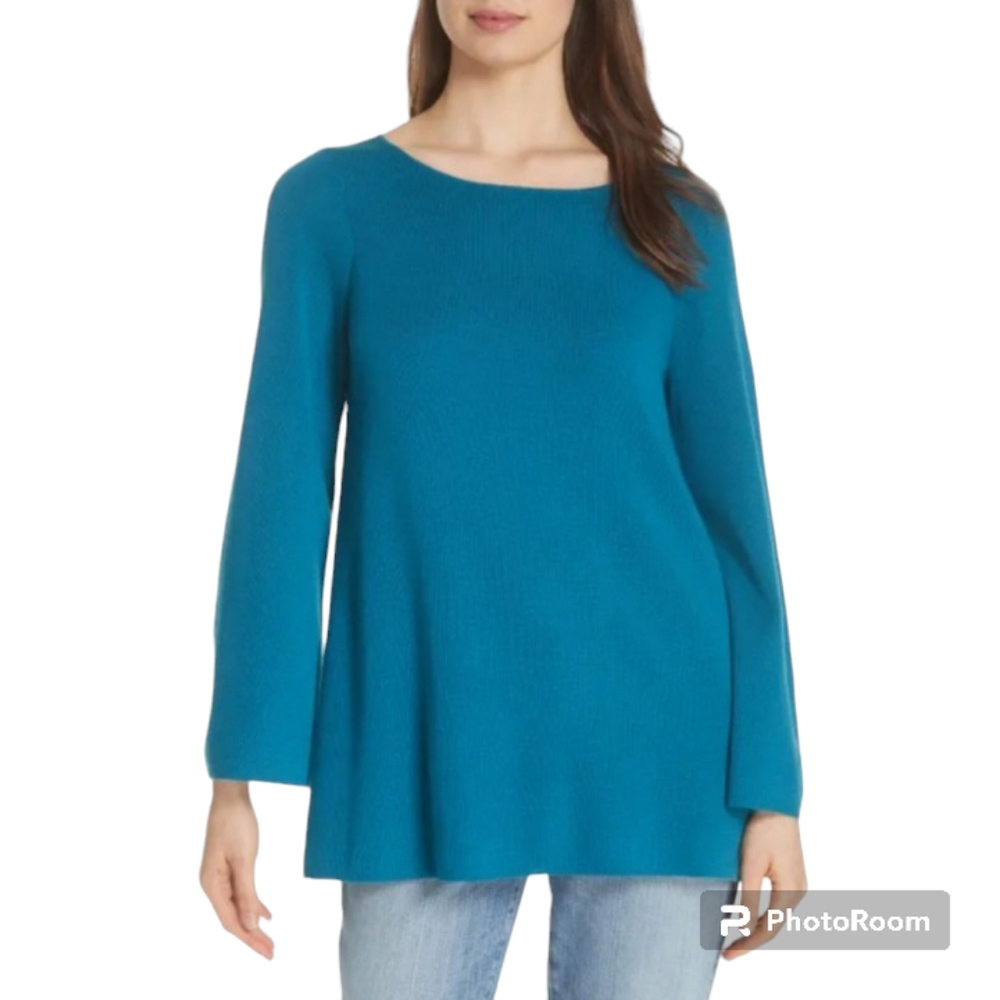 Eileen Fisher sweater round neck merino wool tunic long sleeve teal blue sz S